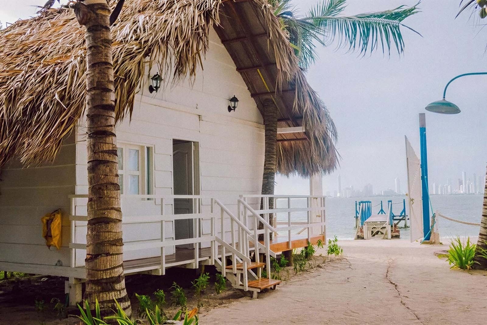Beach bungalow with thatched roof at Marine Beach Club & Hotel, Cartagena.