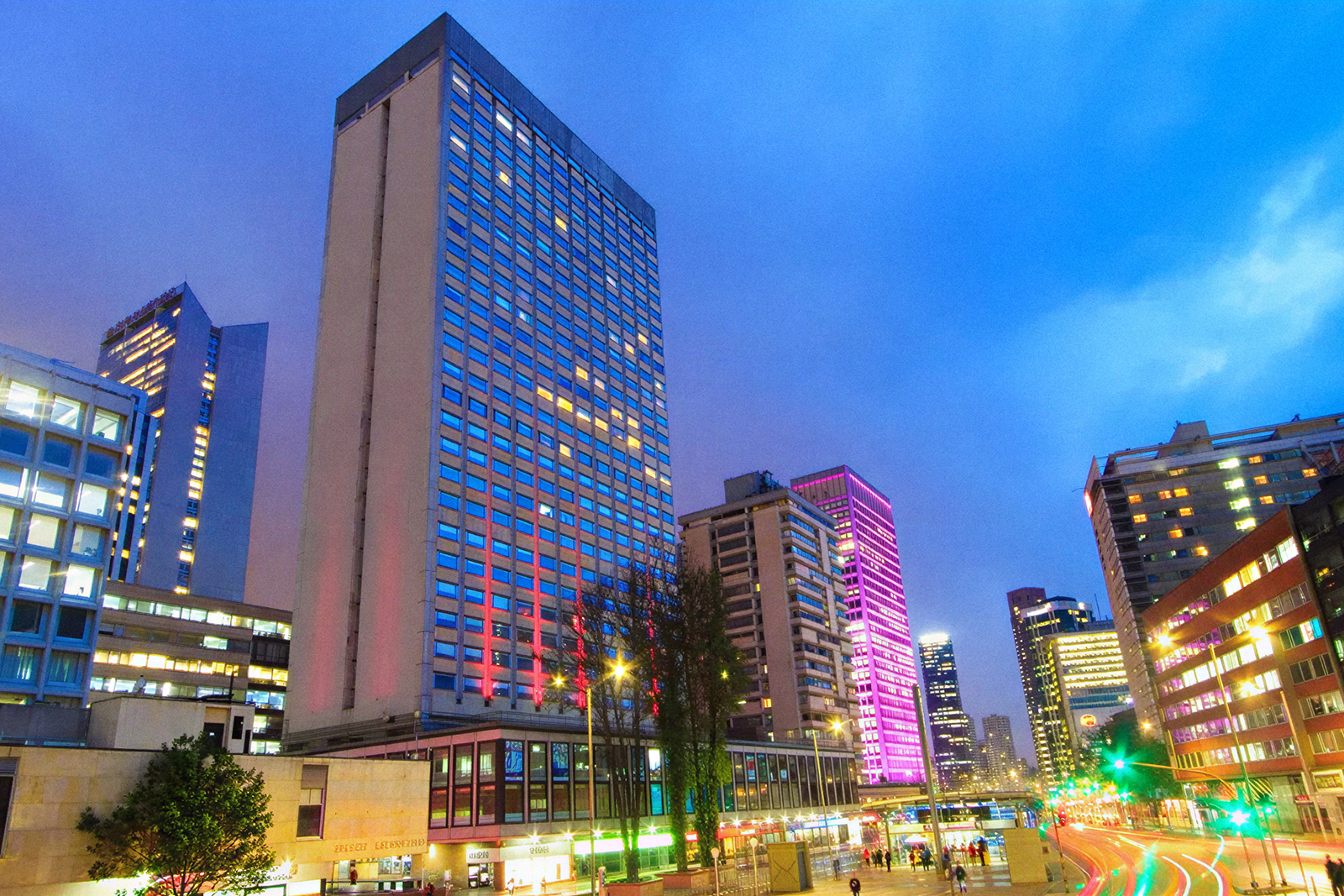 Tequendama Suites Bogotá: Stay in the center of Bogotá with city skyline views at night.