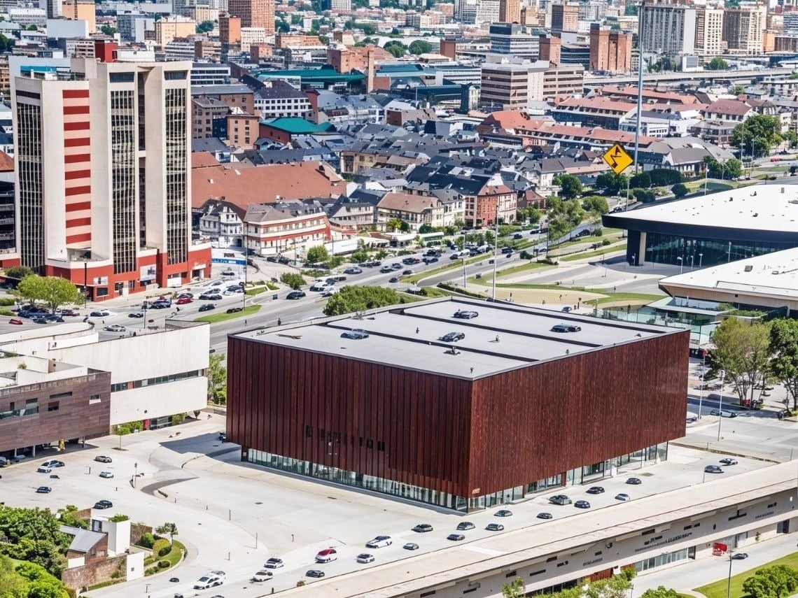 Tequendama: Corporativa. Edificio moderno y centro de convenciones en paisaje urbano.