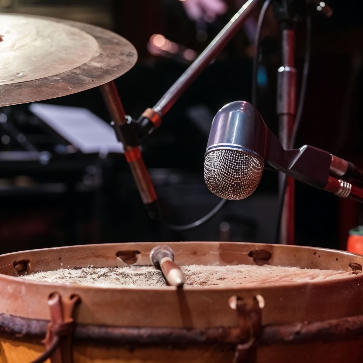 Tequendama: Corporate - Microphone over drum and cymbals on stage.
