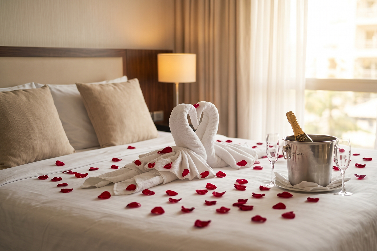 Pareja brinda en habitación con vistas Tequendama: Corporativa.