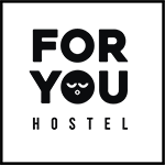 a black and white logo for a hostel called for you hostel .