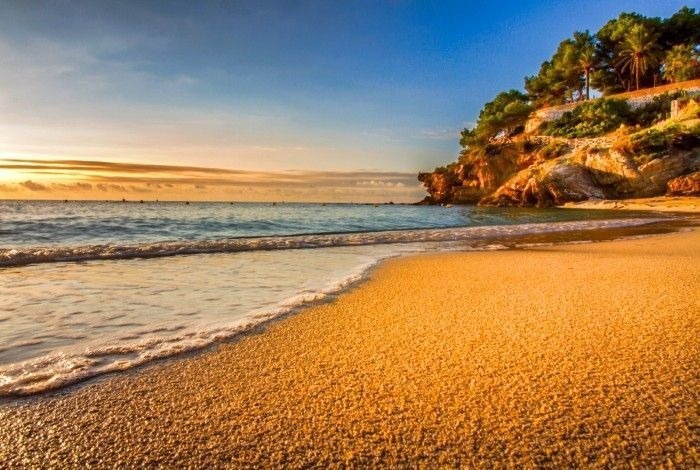 les vagues se brisent sur une plage de sable au coucher du soleil .