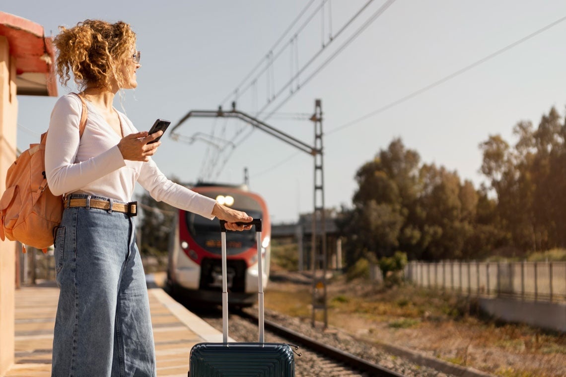 Femme avec valise et téléphone attendant le train - TEST 13