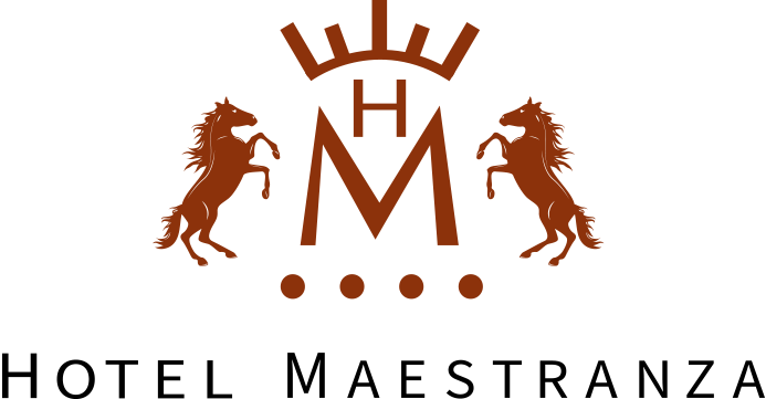 a logo for hotel maestranza with two horses and a crown