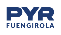 a blue pyr fuengirola logo on a black background