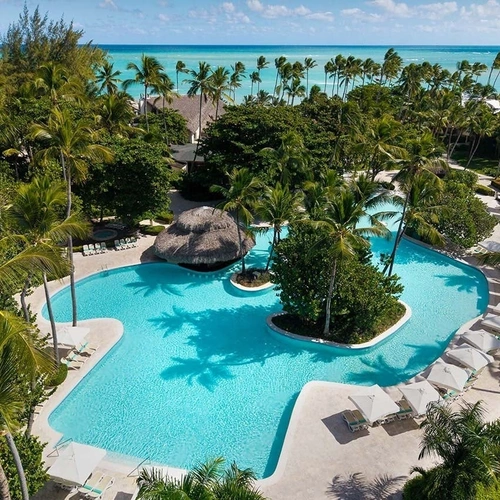 Vista aérea de la piscina con isla de palmeras rodeada de jardines en Impressive Punta Cana