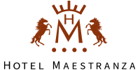 un logotipo para el hotel maestranza con dos caballos y una corona