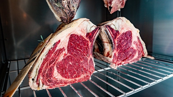 two large pieces of meat are sitting on a metal rack