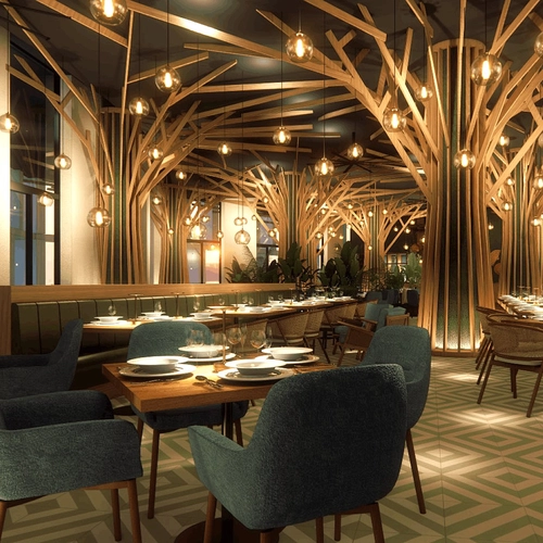 Restaurante de diseño con columnas en forma de árbol y sillones verdes