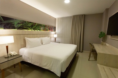 una habitación de hotel con una cama y una televisión - 