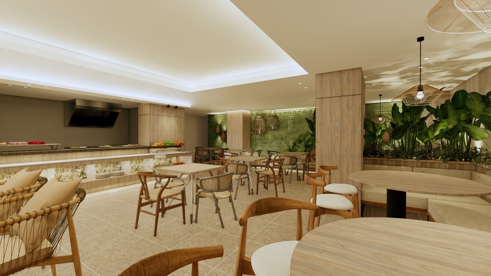 una vista de la ciudad desde un restaurante con mesas y sillas