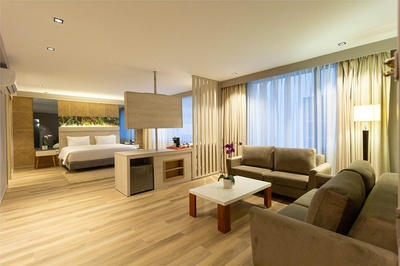 una habitación de hotel con una cama y un sofá - 