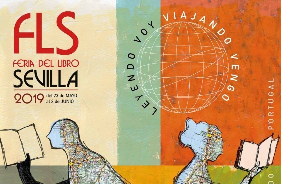un cartel para la feria del libro de sevilla del 23 de mayo al 2 de junio
