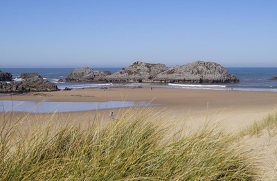 a sandy beach with rocks in the background - 