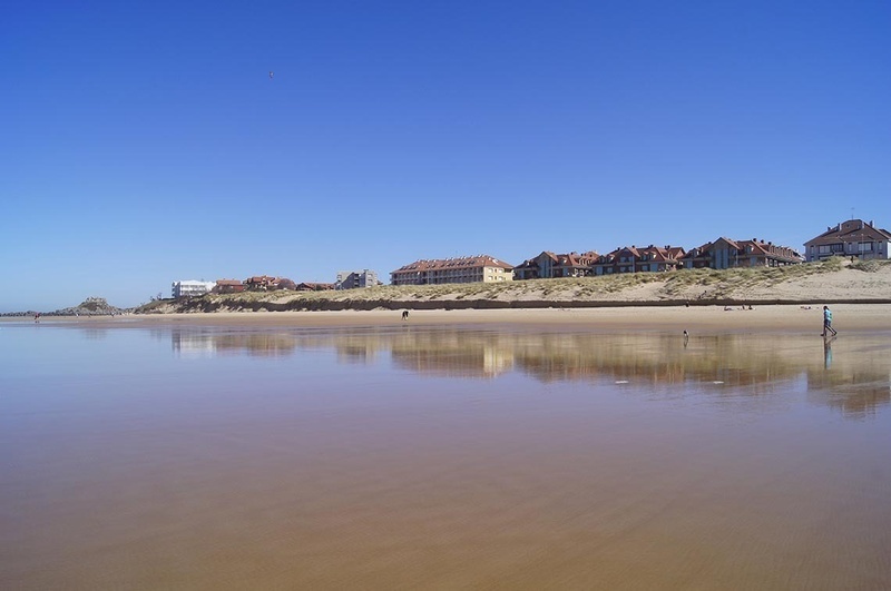 una playa con algunas casas en el fondo