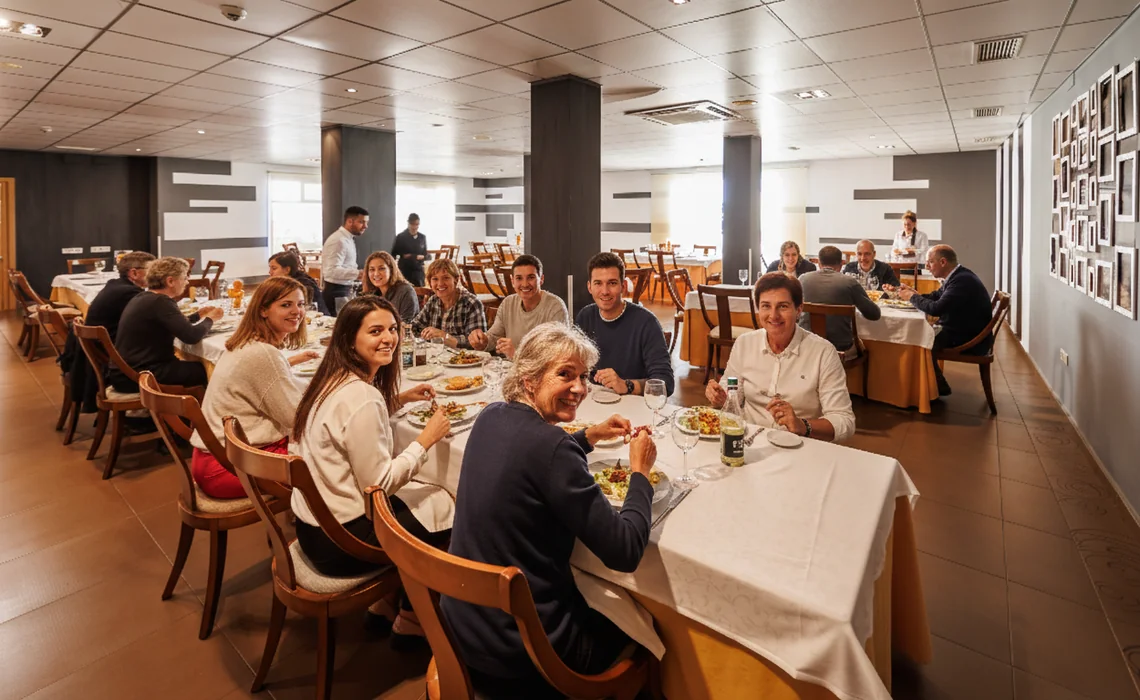 Gente disfrutando de una comida en un restaurante de hotel. Hotel Acosta Ciudad de la Música