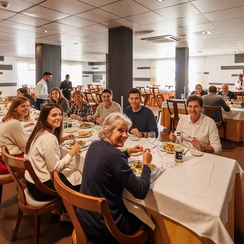 A group enjoys a meal at a hotel restaurant, perfect for Hotel Acosta Ciudad de la Música events.