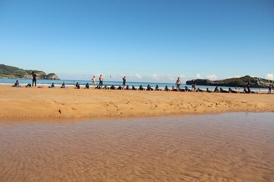 un grupo de personas están sentadas en la playa - 