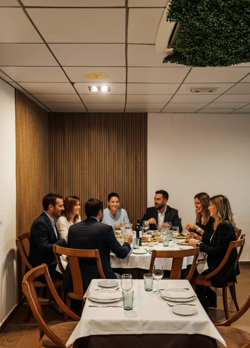 Mesa elegante en restaurante de hotel con Hotel Acosta Ciudad de la Música y copas de vino, lista para una cena.
