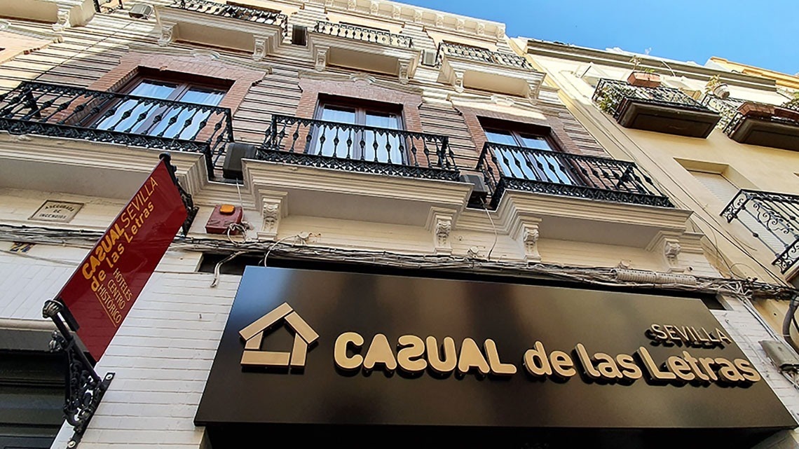 Facade of the Casual de las Letras hotel, located in the old town of Seville
