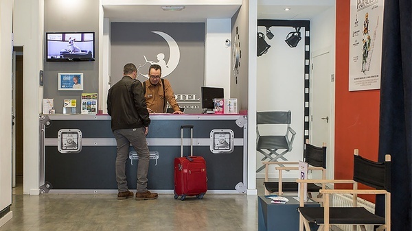 Reception at Casual del Cine, a budget-themed hotel near the Valencia City Hall
