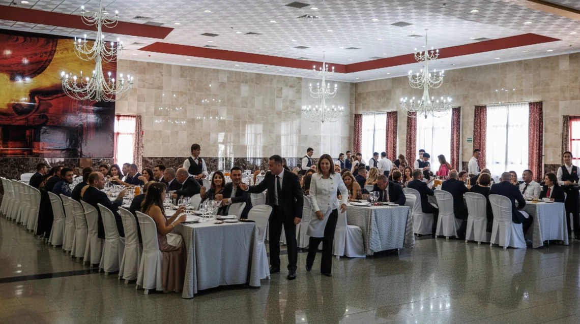 Banquete elegante en hotel, ideal para eventos corporativos y celebraciones. Hotel Acosta Ciudad de la Música.