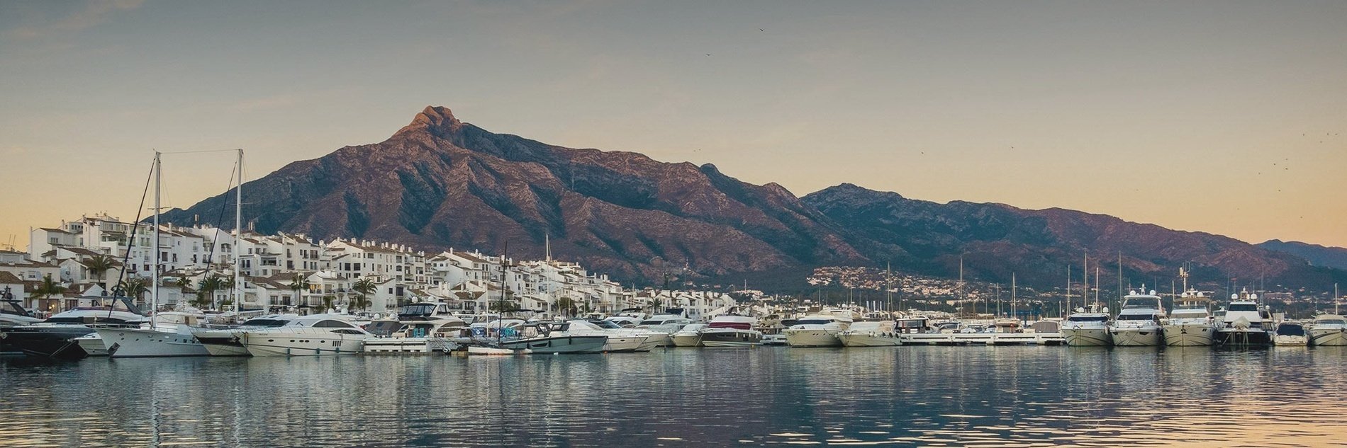 boats are docked in a harbor with mountains in the background