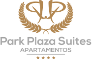 un logotipo para park plaza suites apartamentos con una corona de laurel