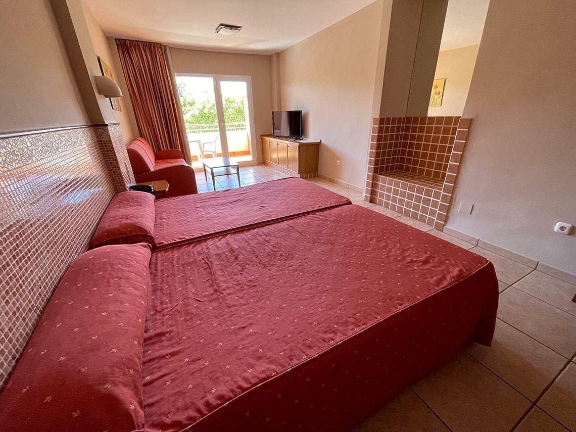 una habitación de hotel con dos camas y una televisión