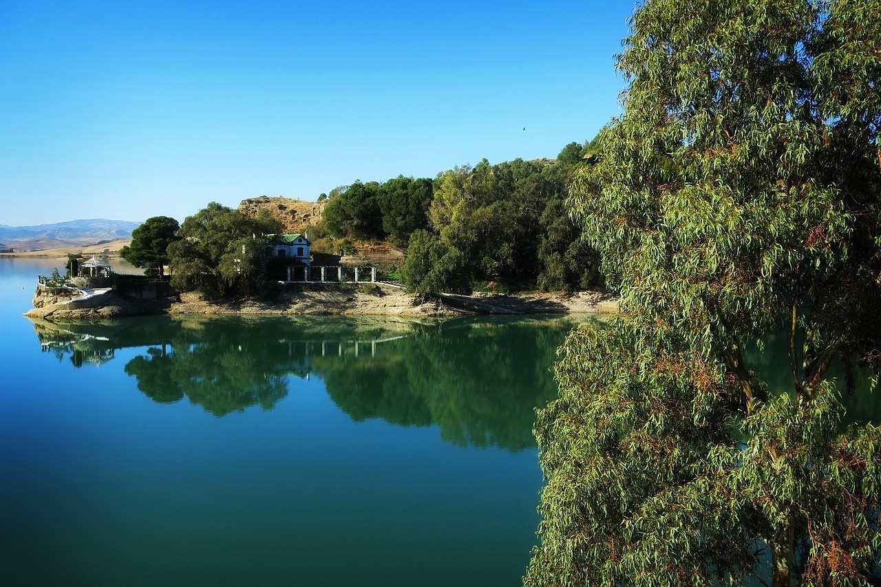 une maison sur une petite île au milieu d' un lac