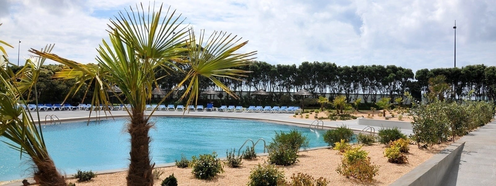 Une piscine extérieure avec des palmiers et des transats, bordée par un aménagement paysager et une rangée d'arbres à l'arrière-plan, sous un ciel partiellement nuageux.