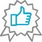 a blue thumbs up icon in a starburst on a white background .