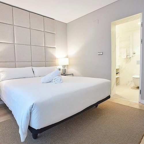 Cama matrimonial y baño en suite con WC y radiador, interior de hotel moderno. U-Sense Madrid Santa Ana