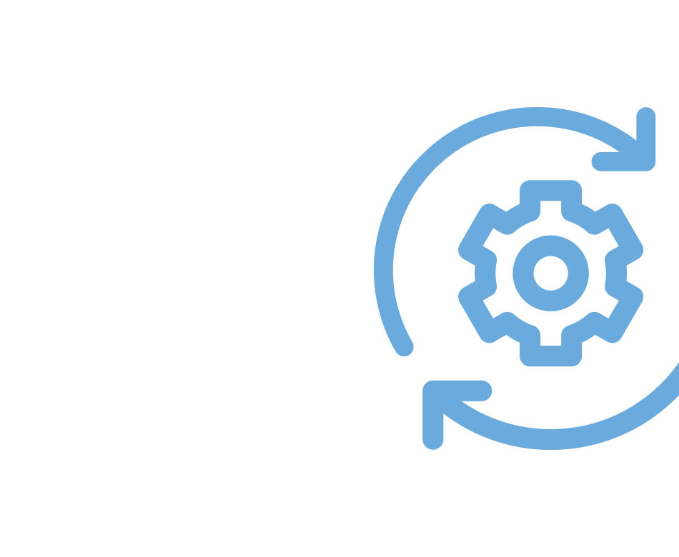 un icono azul con un engranaje y flechas en un círculo