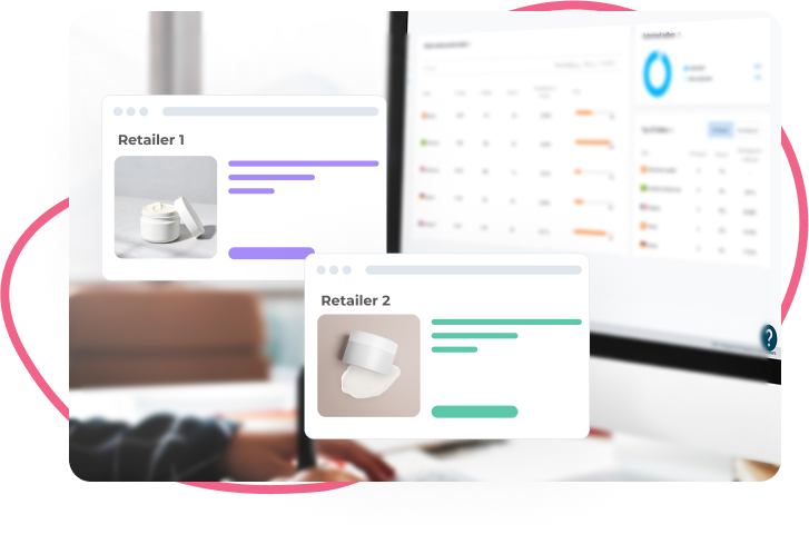 una persona está usando una computadora y una pantalla de computadora con dos pantallas que muestran productos de retailer