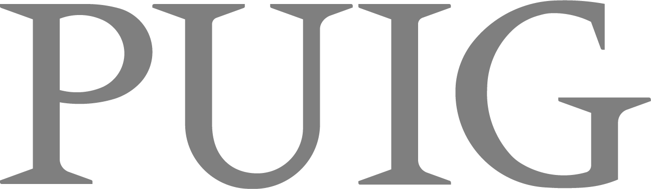the word puig is written in gray on a black background