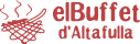 Un logotipo rojo sobre fondo negro que muestra un plato humeante con un utensilio a la izquierda y el texto "elBuffet d'Altafulla".