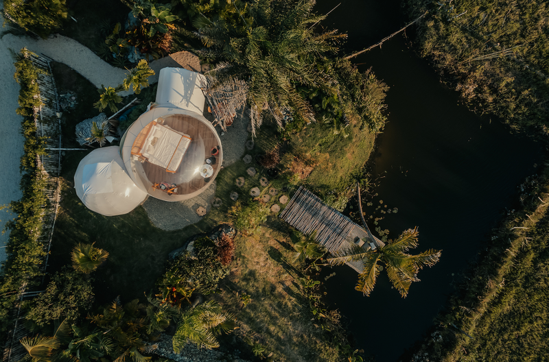 an aerial view of a bubble tent surrounded by palm trees