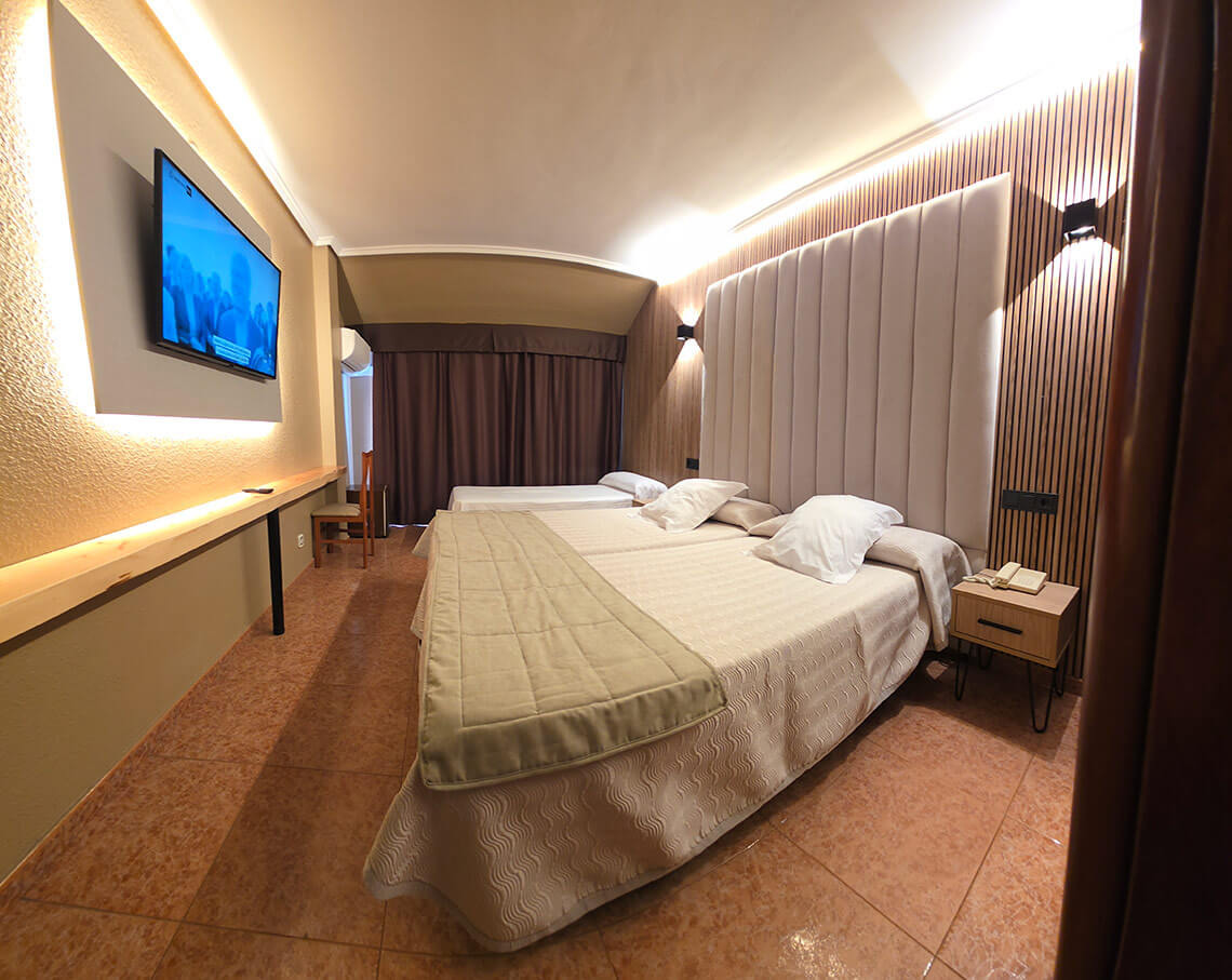 una habitación de hotel con dos camas y una televisión