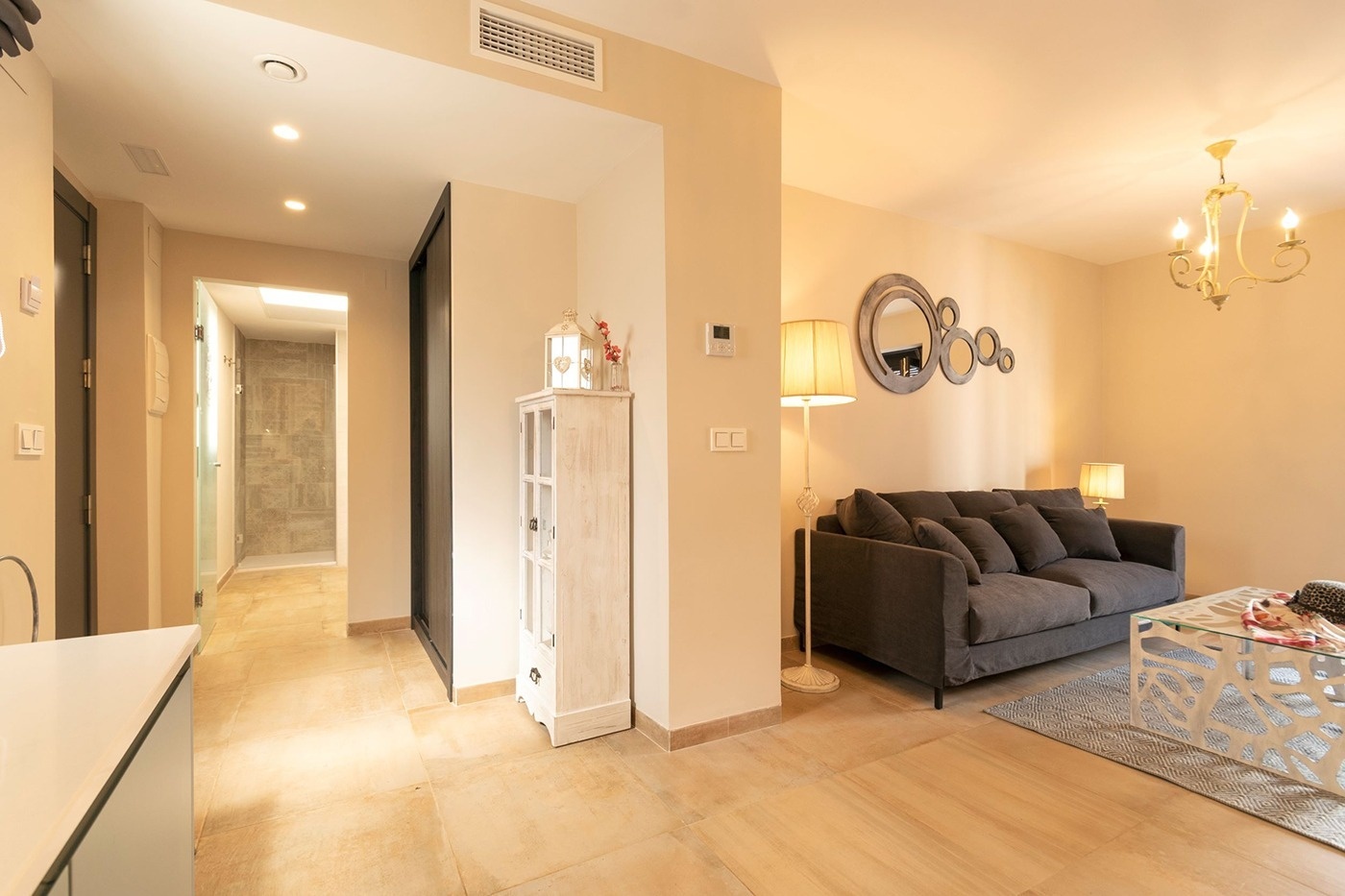 a living room with a couch and a coffee table