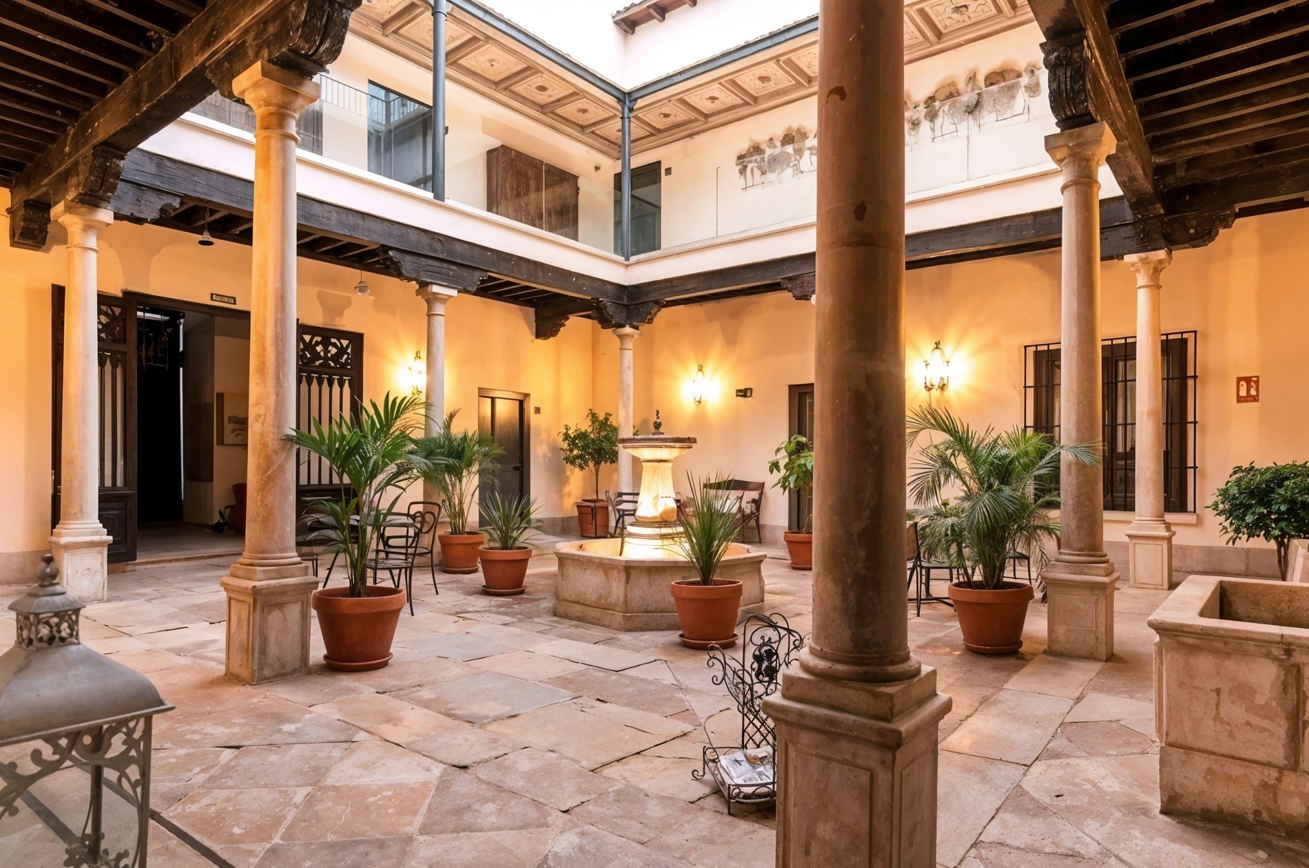 une vue aérienne d&#39;un bâtiment blanc avec un toit de tuiles et un balcon donnant sur l&#39;océan