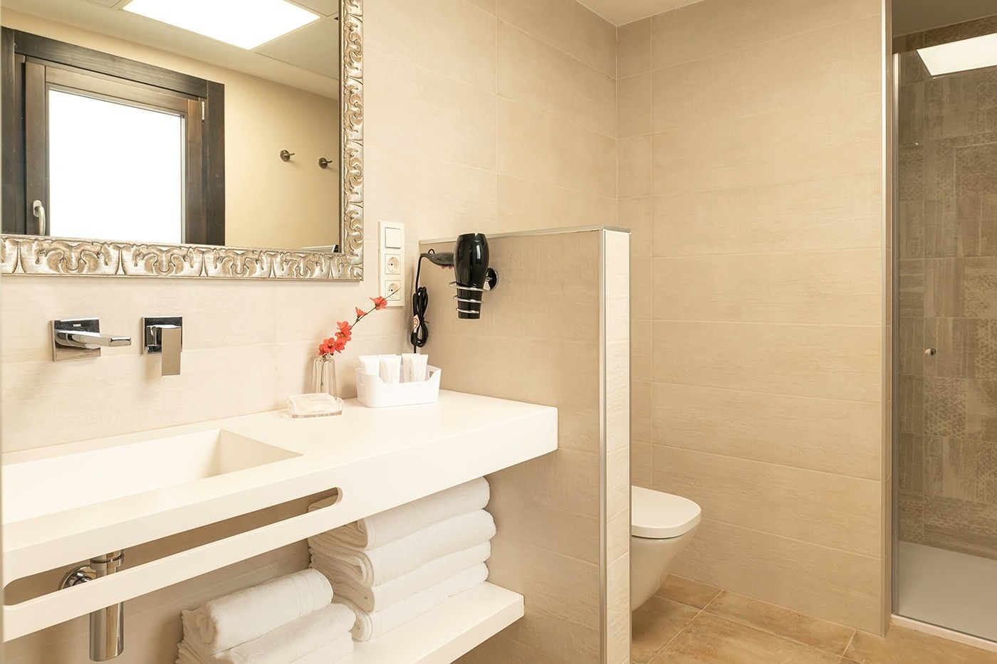 a bathroom with a sink a toilet and a mirror