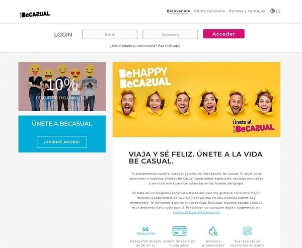 la página de inicio de la aplicación be casual