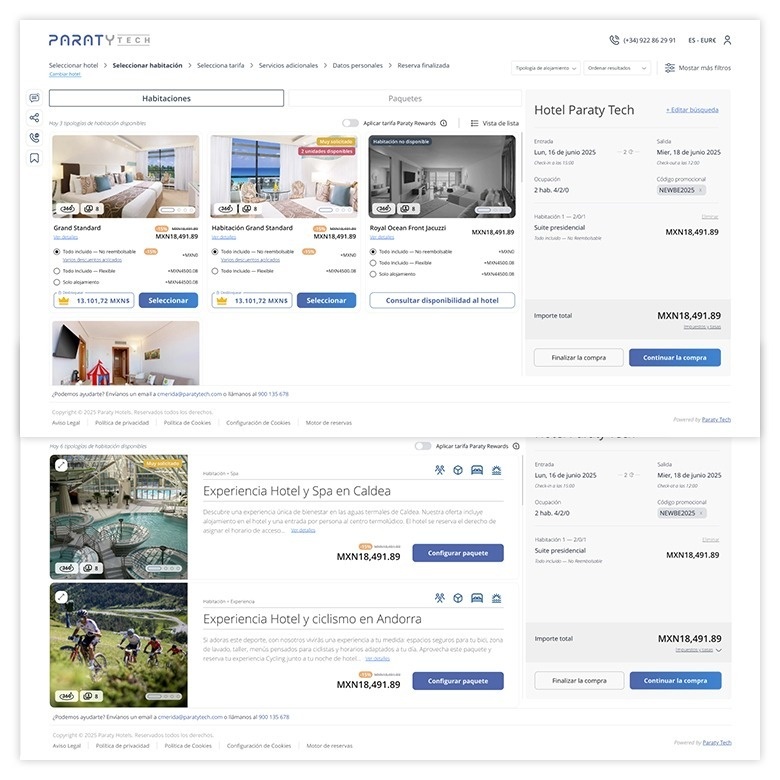 La imagen muestra una interfaz de sitio web de reserva de hotel, con opciones para seleccionar habitaciones y paquetes, y un resumen de la reserva en el lateral.