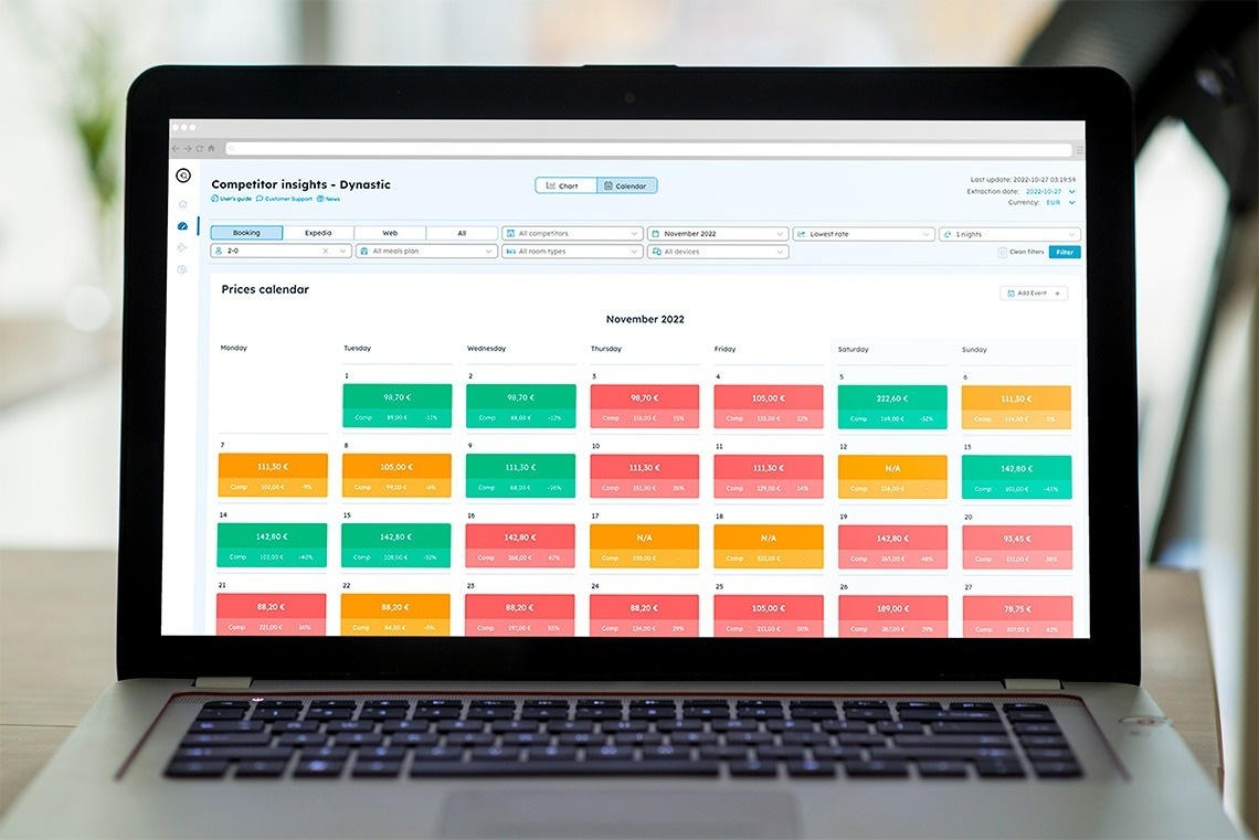 una computadora portátil está abierta y muestra un calendario de precios