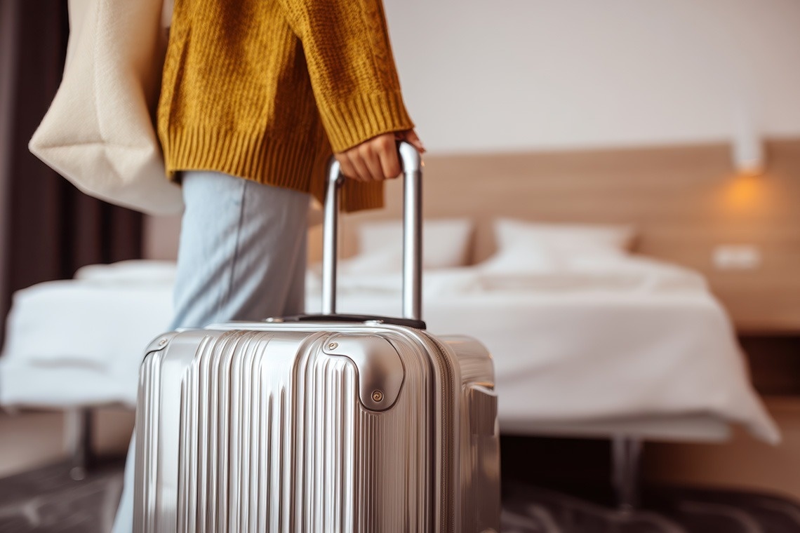 una mujer sonríe mientras usa una computadora portátil con la página web oficial en la pantalla