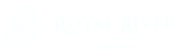 the royal river hotel logo is black and white and has a lion on it .