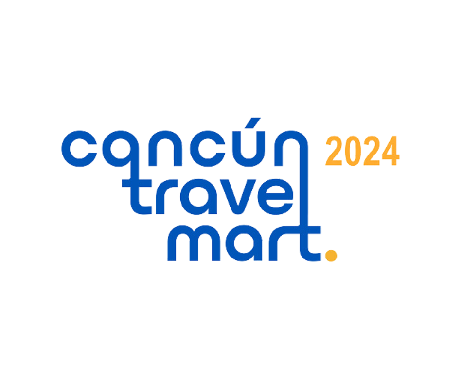 un logotipo azul y naranja para cancun travel mart