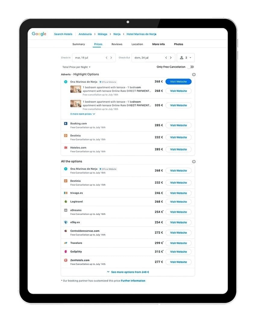 una captura de pantalla de la página de búsqueda de hoteles de google .